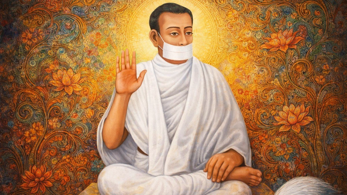 Modern abstract Kerala mural art wallpaper of Jain Terapanth Acharya Bhikshu seated in meditation with abhaya mudra, white robe, and ornate floral background, no tilak.