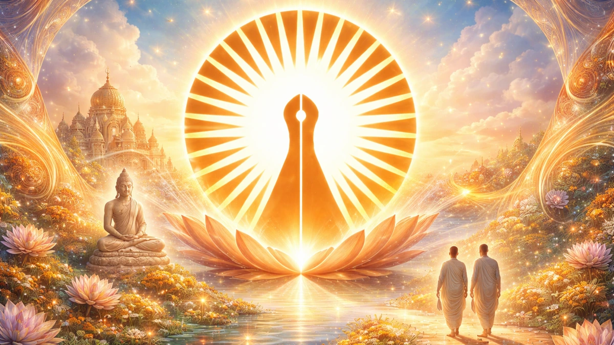 Modern artistic abstract Peeth art wallpaper of Jain Terapanth symbol with radiant saffron rays, lotus base, monks walking, and serene spiritual landscape in golden light (16:9)