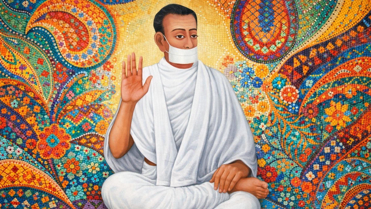 Modern abstract Kantha art wallpaper of Jain Terapanth Acharya Bhikshu seated in meditation with white robes and muhapatti, vibrant colorful stitched background, 16:9 format