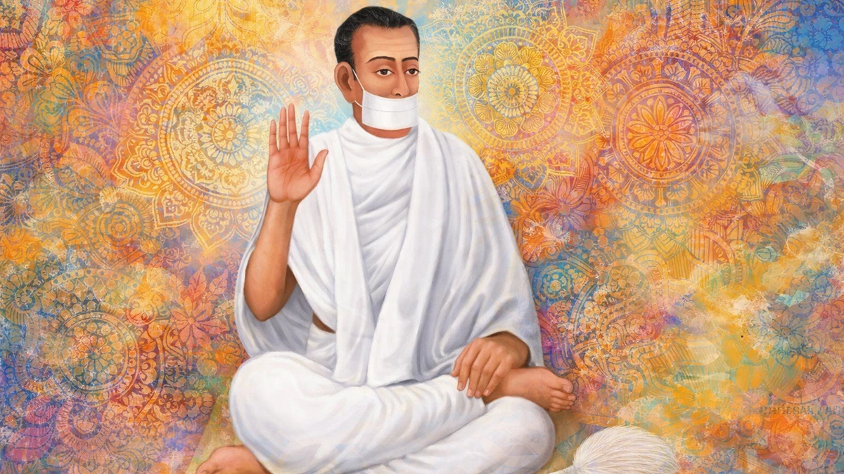 Modern artistic abstract Mewar art wallpaper of Jain Terapanth Acharya Bhikshu in white robe and muhpatti, seated in blessing posture, vibrant mandala background