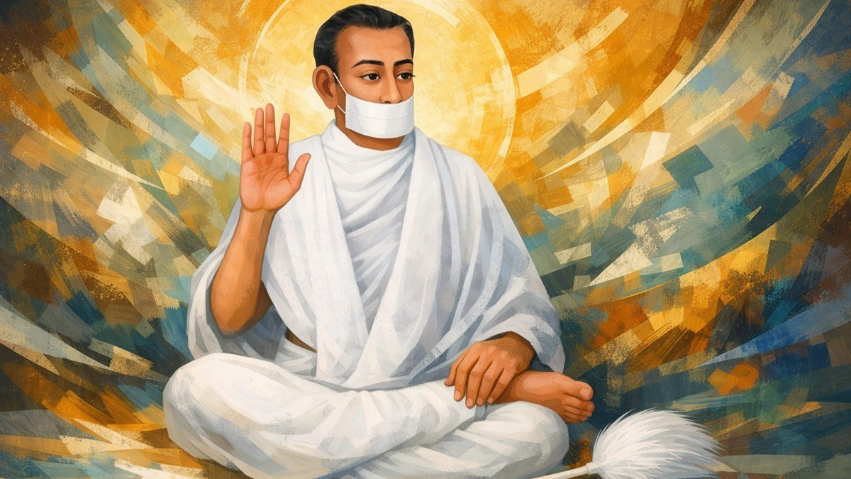 Modern abstract Turi art wallpaper of Jain Terapanth Acharya Bhikshu meditating in white robes with muhapatti, golden aura background, 16:9 8K resolution