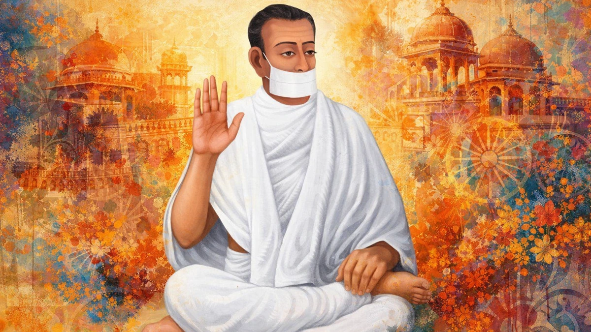 Modern artistic abstract Jaipur art wallpaper of Jain Terapanth Acharya Bhikshu in white monk robes with muhapatti, seated in blessing pose against vibrant Rajasthani architectural background