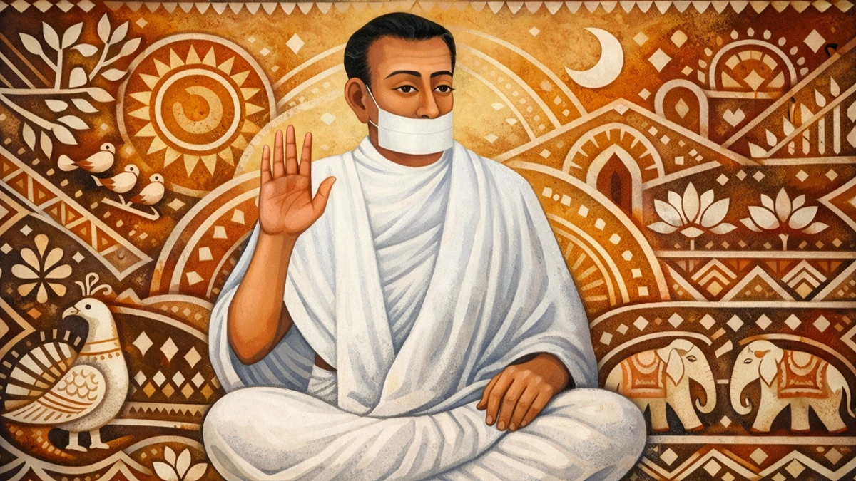 Modern 16:9 Mandana art wallpaper of Jain Terapanth Acharya Bhikshu in white robes with muhapatti, abstract Rajasthani background