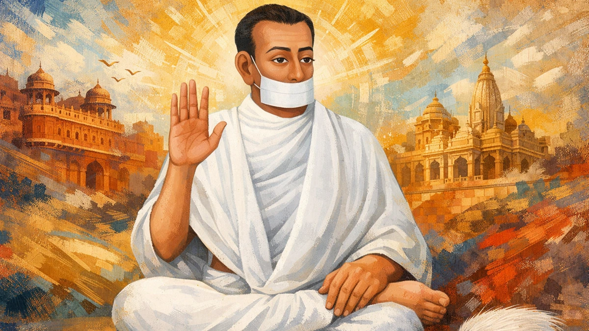 Modern artistic abstract Bikaner style wallpaper of Jain Terapanth Acharya Bhikshu in white robes with muhapatti, seated in blessing posture, 16:9 8K resolution