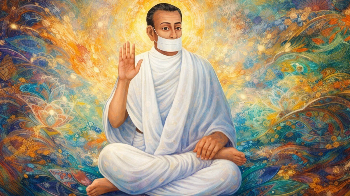Modern abstract 16:9 artistic wallpaper of Jain Terapanth Acharya Bhikshu in white robes with muhapatti, seated in blessing pose against a vibrant spiritual background