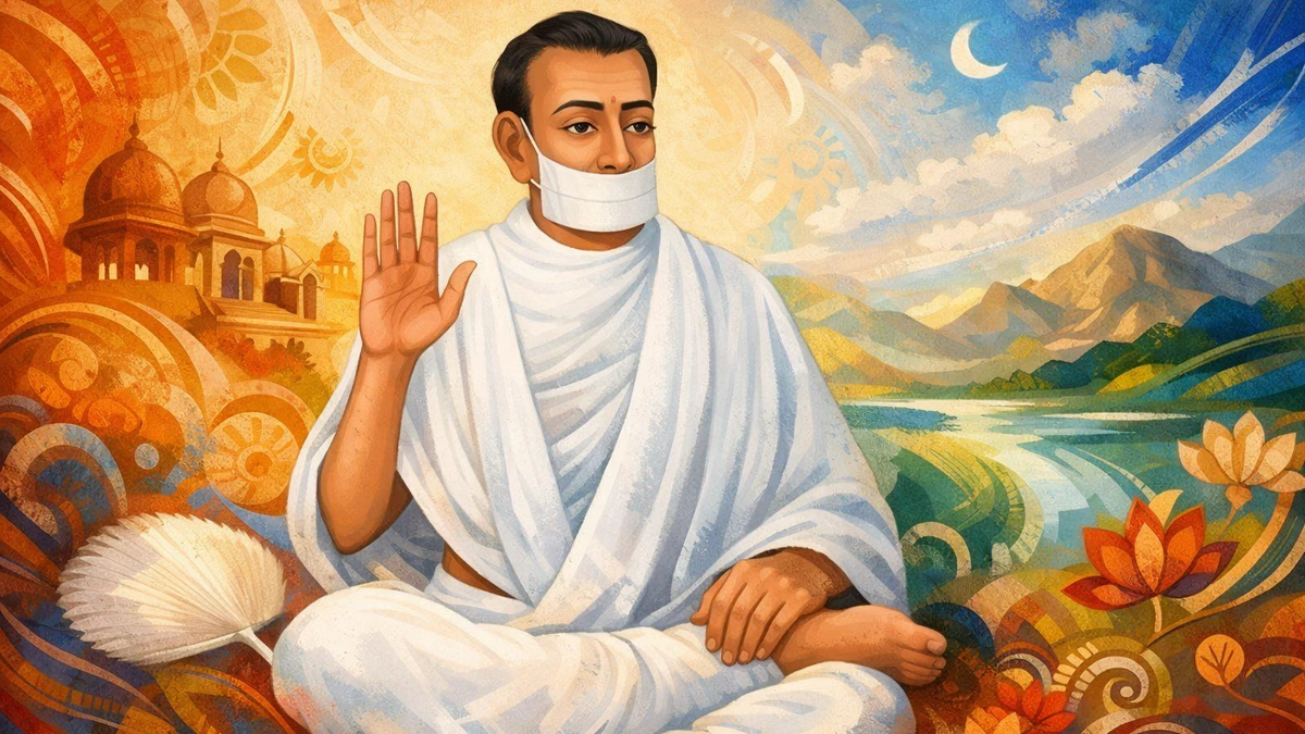 Modern artistic abstract Maharashtra style wallpaper of Jain Terapanth Acharya Bhikshu in white robes with muhapatti, blessing pose, 16:9 format