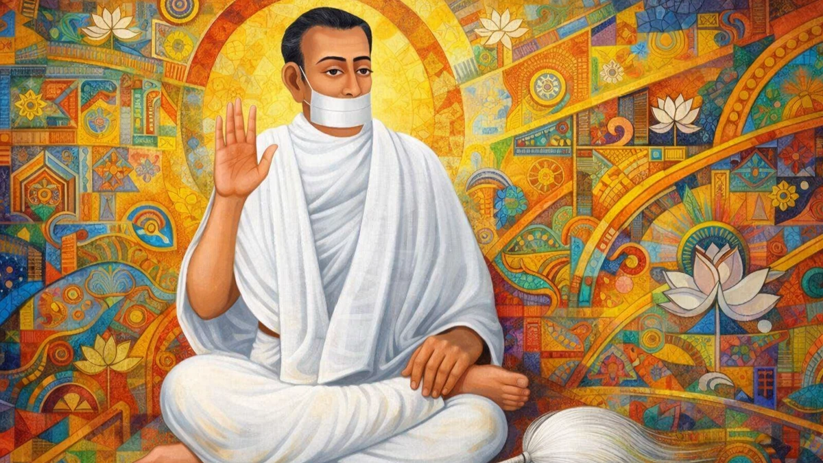 Modern abstract Karnataka-style wallpaper of Jain Terapanth Acharya Bhikshu seated in white robes with muhapatti and raised blessing hand