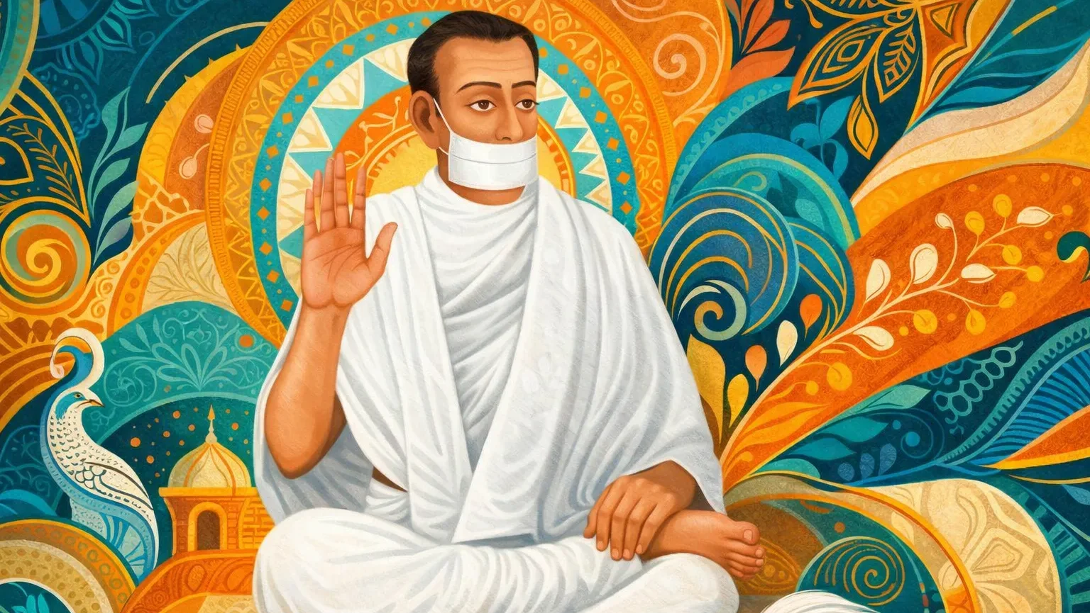 Modern abstract Pattachitra-style 16:9 wallpaper of Jain Terapanth Acharya Bhikshu in white robes with muhapatti, seated in blessing posture against a vibrant mandala background (no tilak)