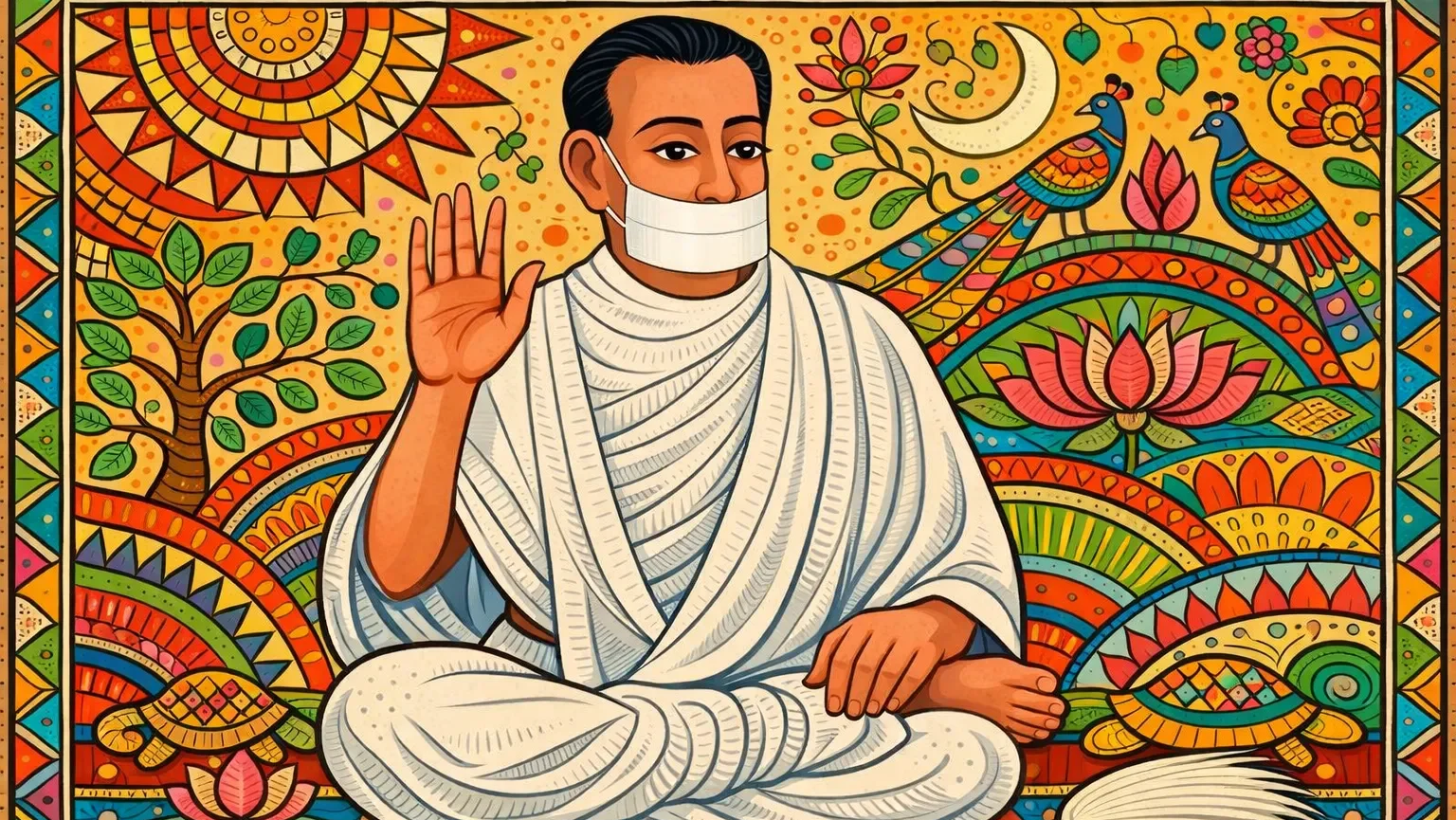 Modern abstract Madhubani art wallpaper of Jain Terapanth Acharya Bhikshu seated in white robes with muhapatti, blessing hand gesture, no tilak, 16:9 format