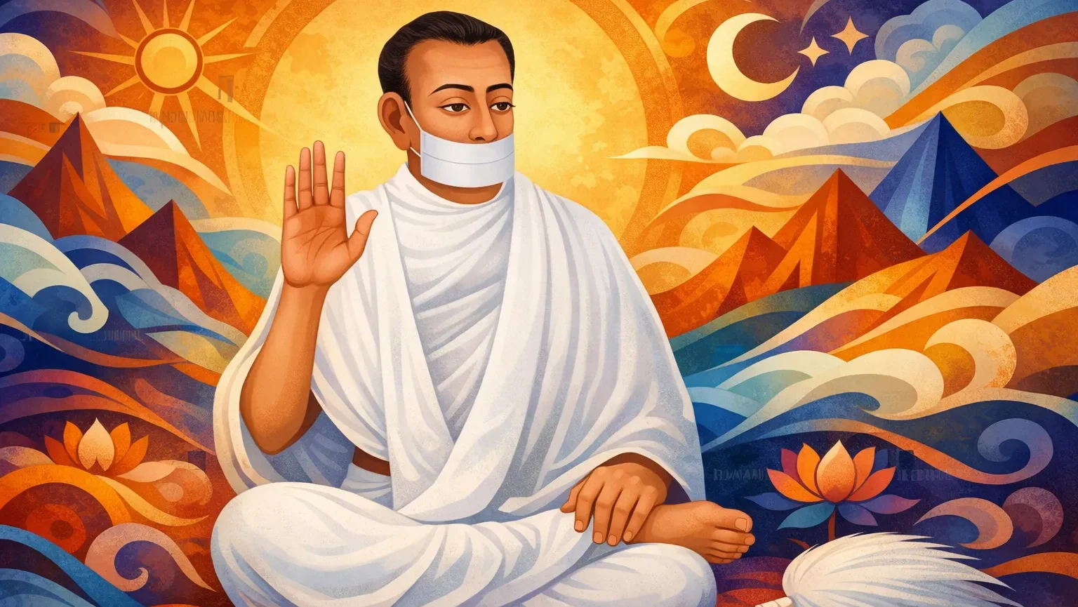 Modern abstract Tibetan-style wallpaper of Jain Terapanth Acharya Bhikshu in white robe with muhapatti, seated in blessing posture against vibrant spiritual background