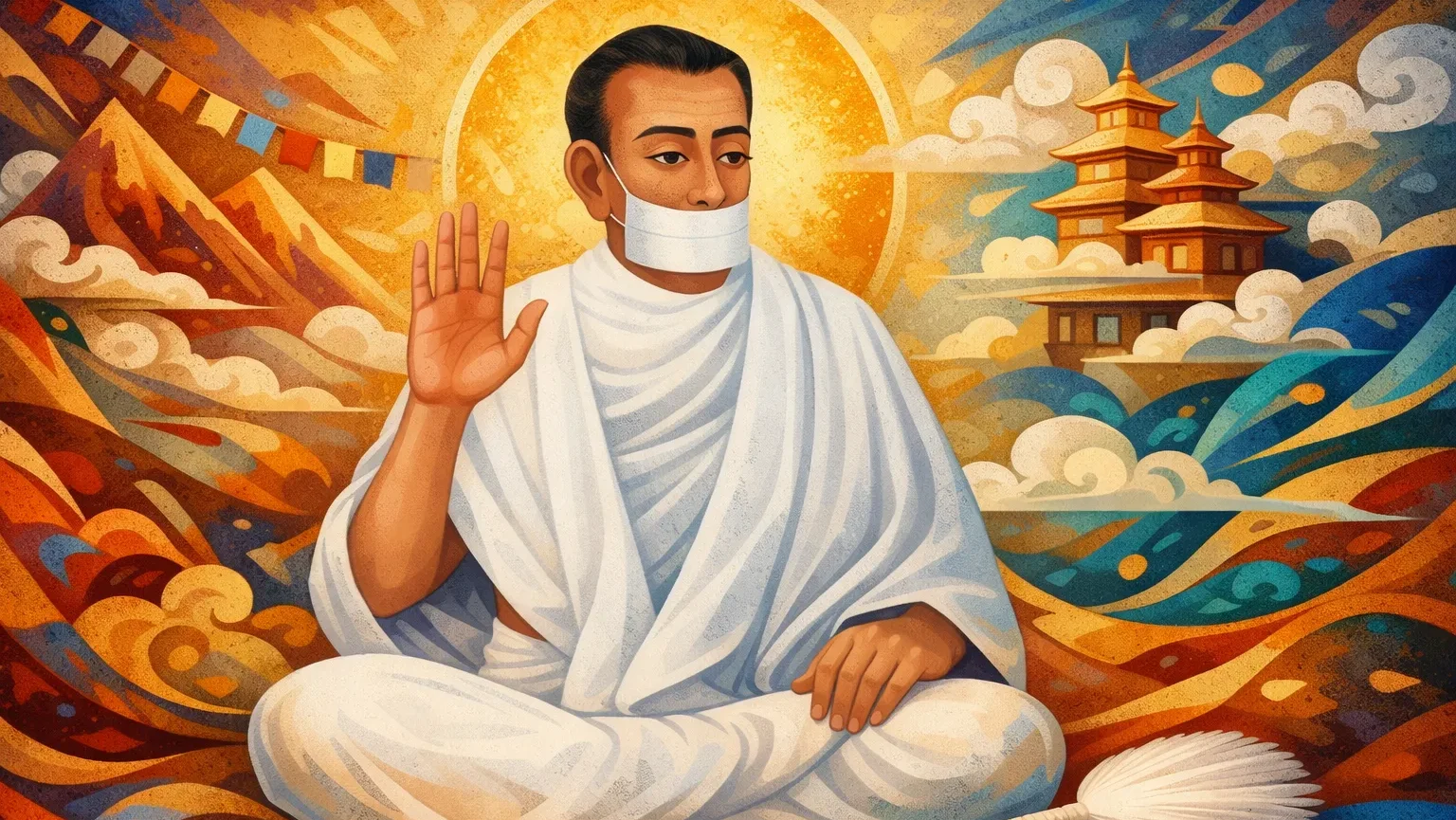 Modern abstract Tibetan art style wallpaper of Jain Terapanth Acharya Bhikshu seated in meditation with white robes and raised blessing hand (16:9)