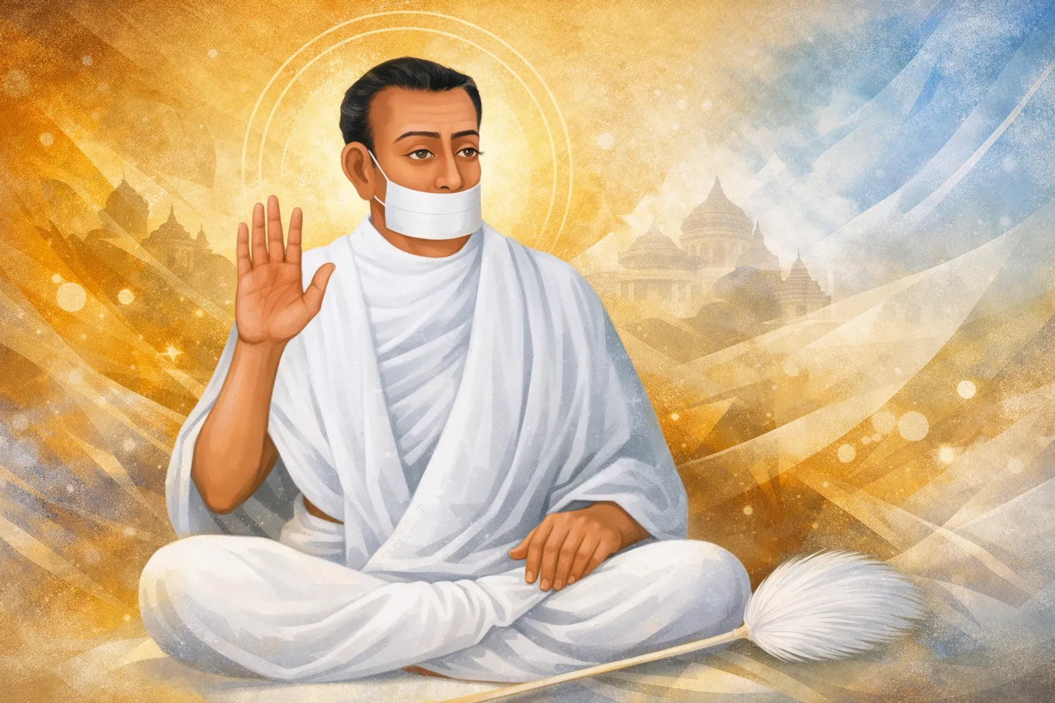 Modern abstract 16:9 Jain art wallpaper of Acharya Bhikshu in white robes with muhapatti, seated in blessing pose against golden spiritual background