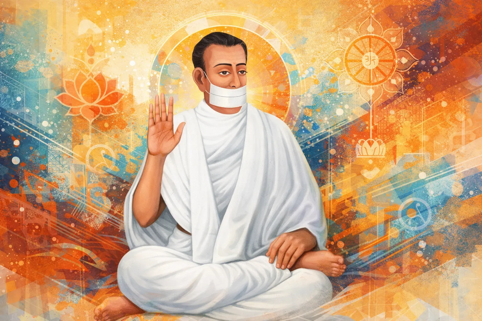 Modern abstract Jain Chitrapothi style wallpaper of Acharya Bhikshu in white robes with muhapatti, seated in blessing posture, vibrant spiritual background, 16:9 ratio