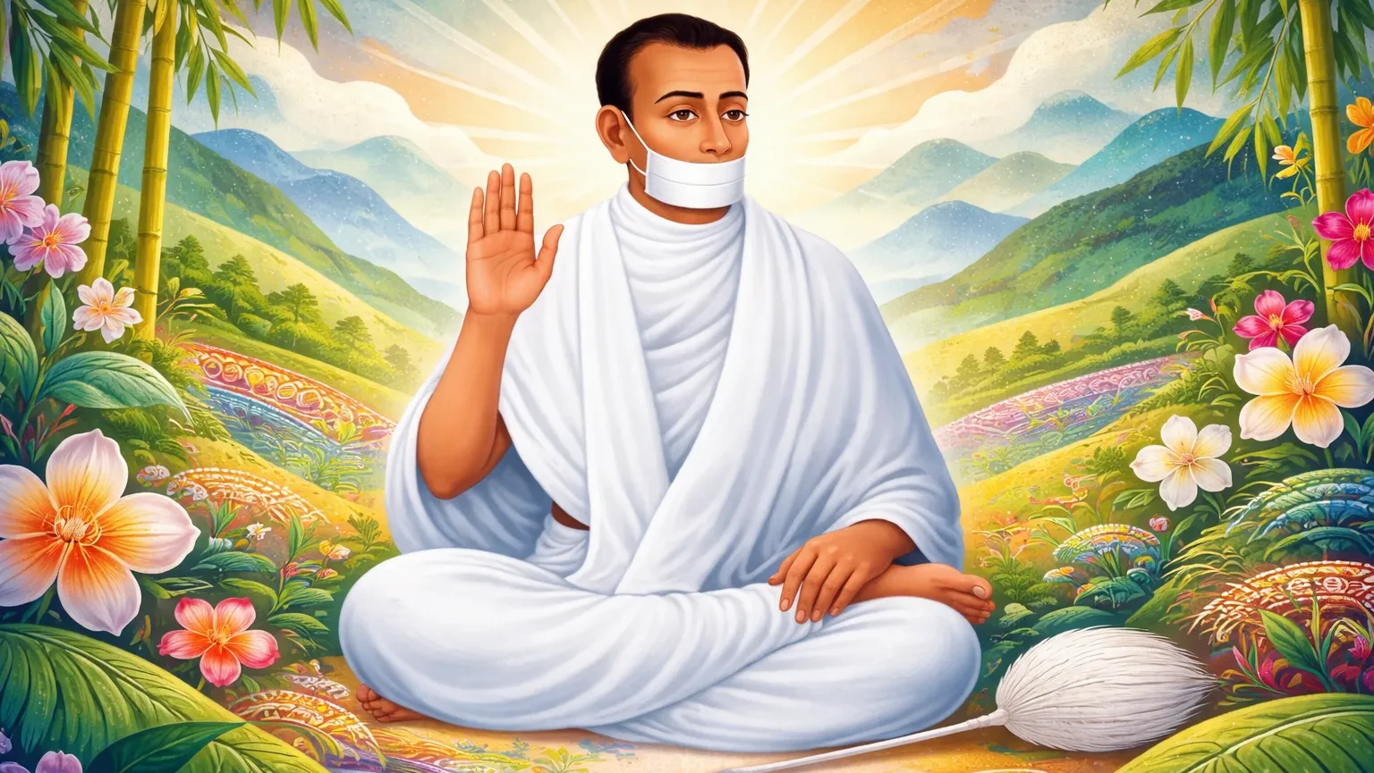 Modern abstract Mizoram-style Jain art wallpaper of Acharya Bhikshu sitting in meditation with muhapatti and rajoharan, Terapanth Jain monk illustration, no tilak, 16:9 background