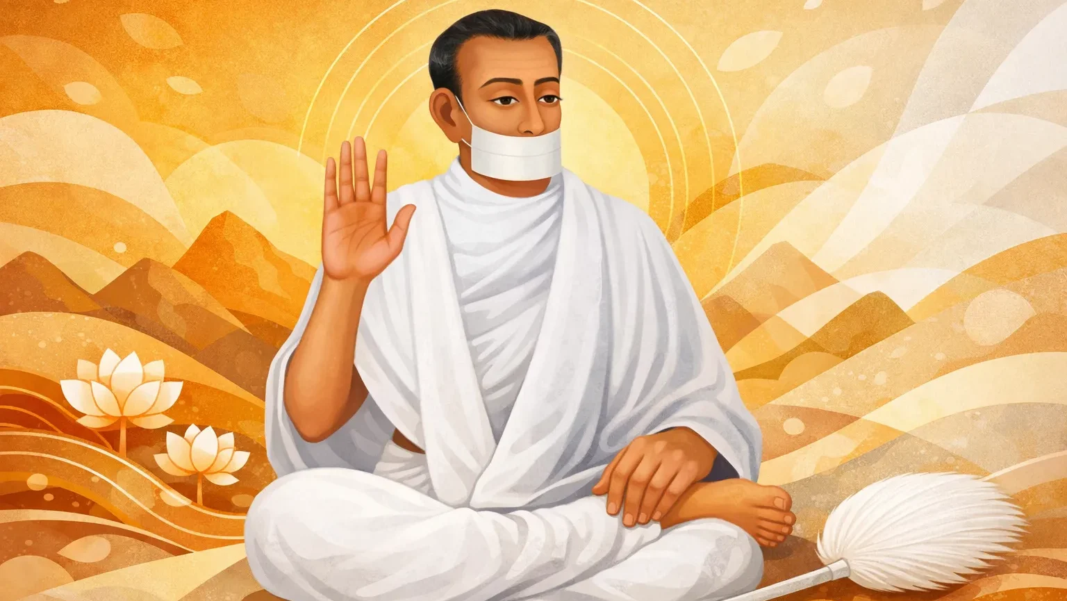 Modern abstract Arunachal-style digital artwork of Jain Terapanth Acharya Bhikshu sitting in meditation with muhpatti and raised blessing hand on a golden abstract background.