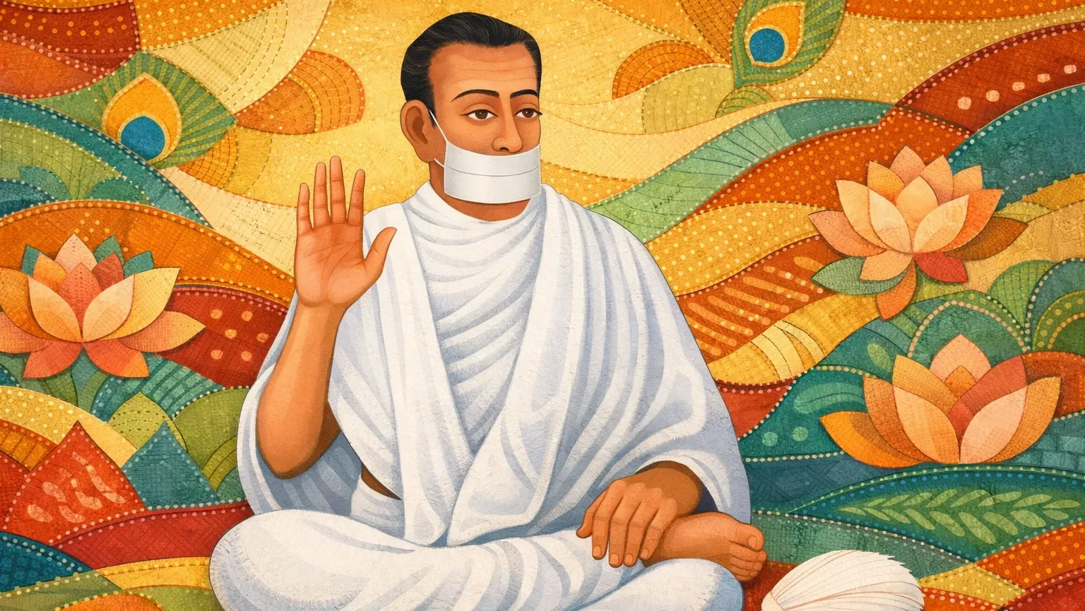 Modern abstract Jain Kantha art wallpaper of Acharya Bhikshu sitting in meditation with white robe and muhapatti, colorful stitched lotus patterns background, 16:9.