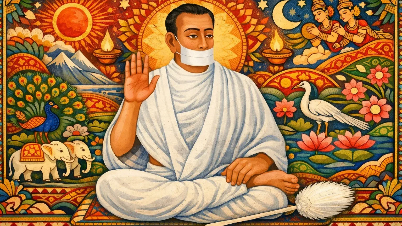 Jain Terapanth Acharya Bhikshu modern abstract Assamese folk painting art wallpaper with muhpatti and blessing gesture