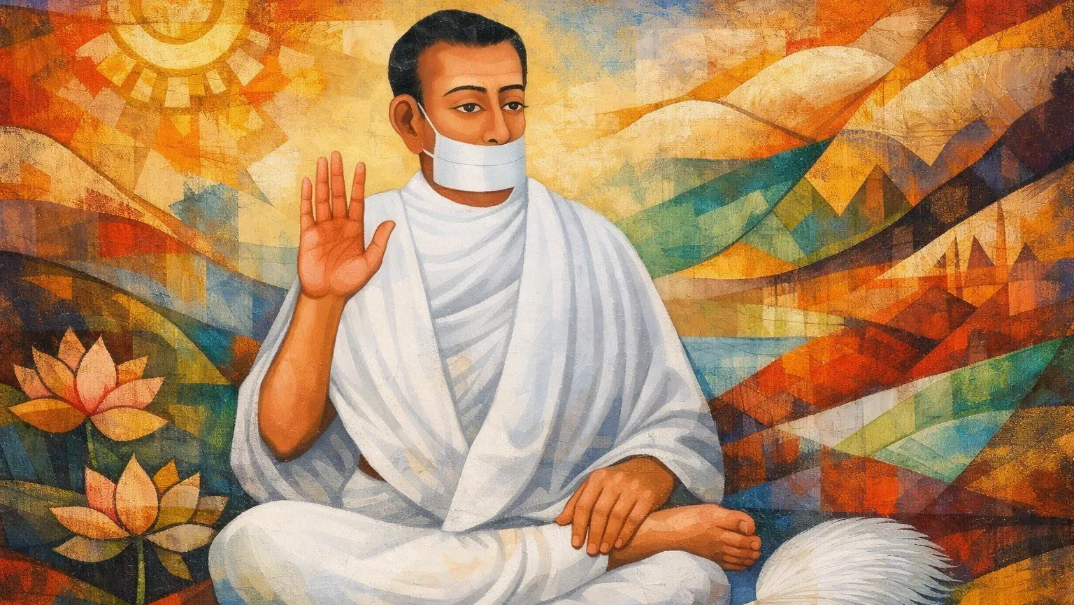 Modern abstract Nagaland cloth painting style artwork of Jain Terapanth Acharya Bhikshu sitting in meditation with white robe and muhpatti