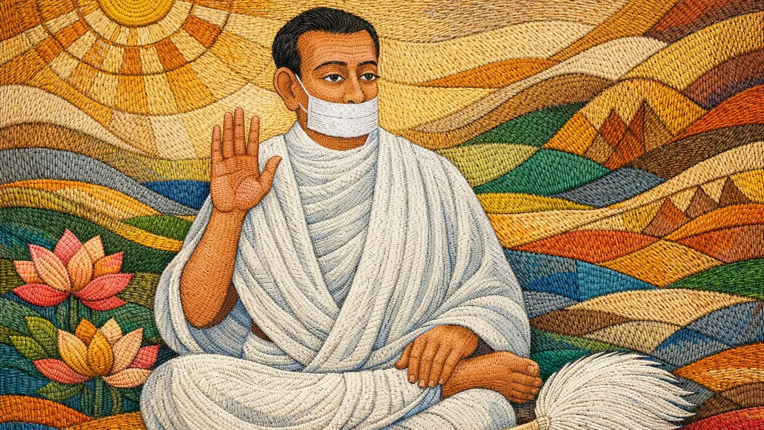 Modern abstract Akyobi embroidery art style wallpaper of Jain Terapanth Acharya Bhikshu sitting in meditation with white robe and muhpatti