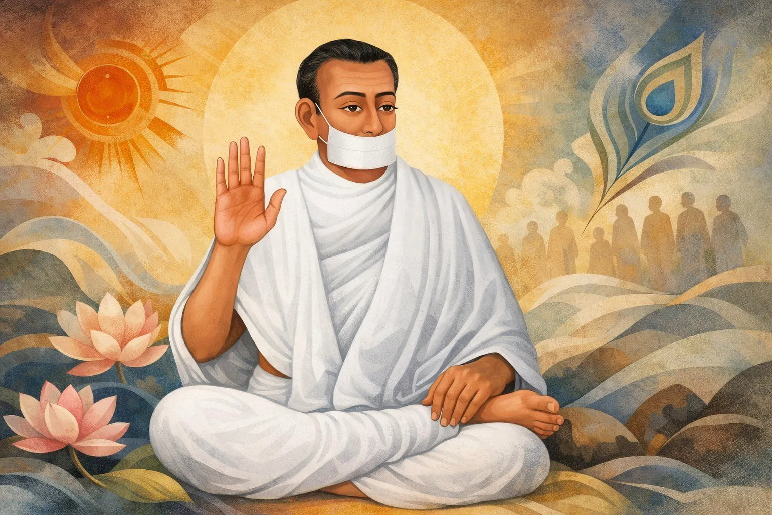 Modern abstract Jain art wallpaper of Terapanth Acharya Bhikshu seated in meditation with muhapatti