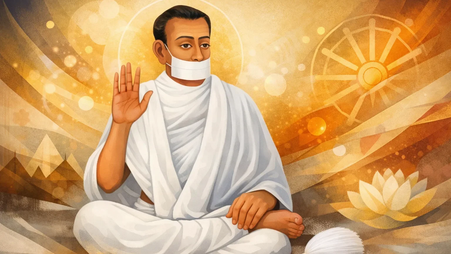 Modern abstract Jain Chaksudan art wallpaper of Acharya Bhikshu sitting in meditation wearing white robe and muhpatti, blessing gesture, golden spiritual background, no tilak, no temple, Terapanth Jain acharya illustration.