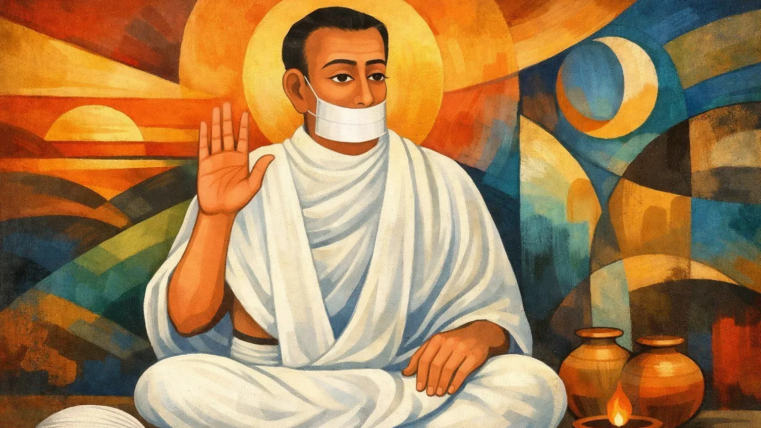 Modern abstract Kalighat style painting of Jain Terapanth Acharya Bhikshu sitting in white robes with muhpatti in blessing gesture on colorful geometric background (16:9)