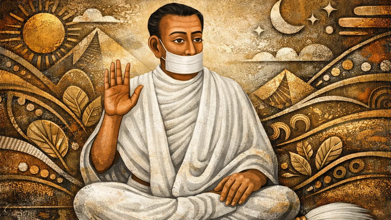 Modern abstract Dhokra art wallpaper of Jain Terapanth Acharya Bhikshu sitting in meditation with muhpatti, bronze tribal style background, 16:9.