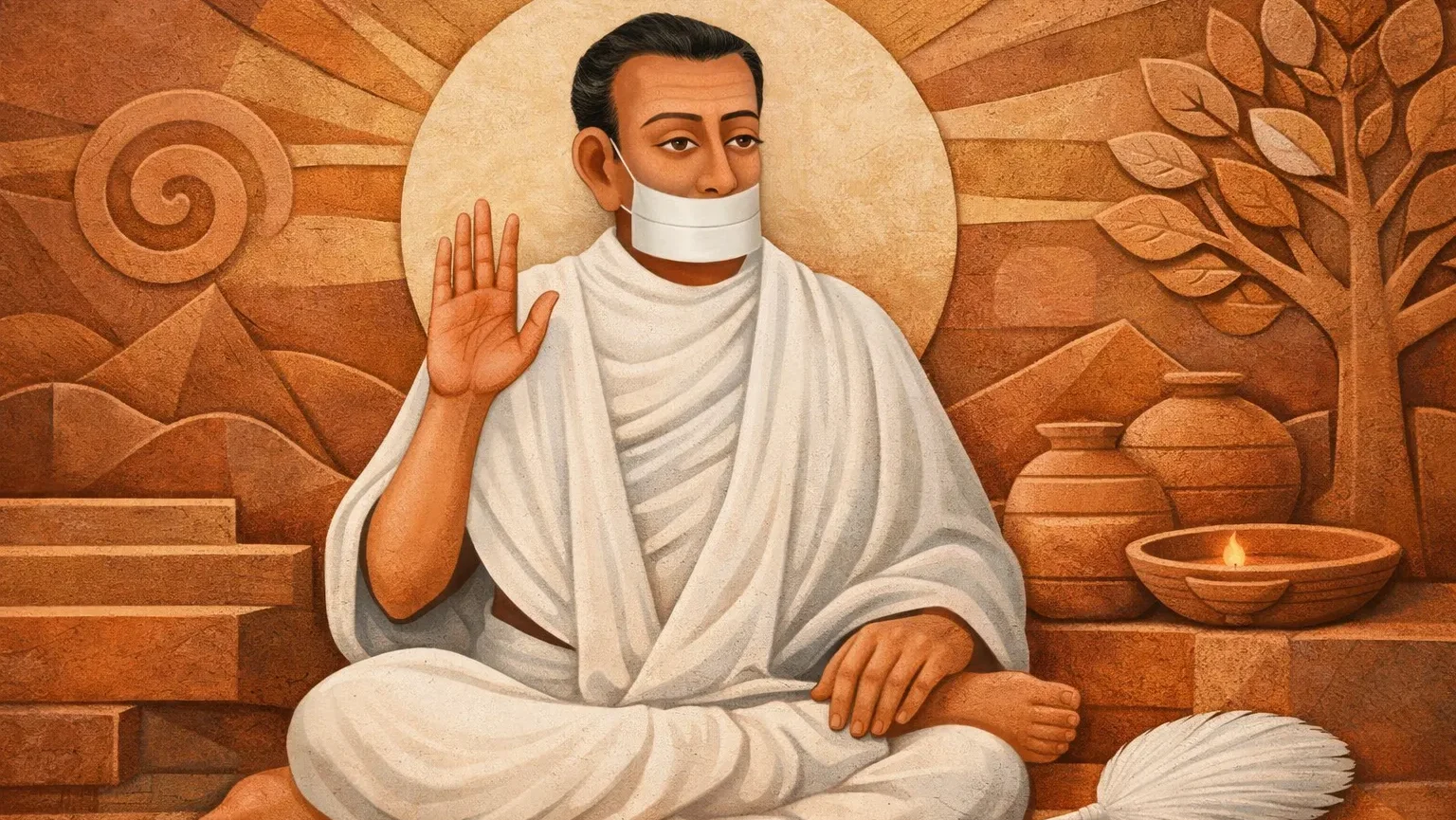 Modern abstract terracotta art wallpaper of Jain Terapanth Acharya Bhikshu sitting in meditation with muhpatti and abhaya mudra, minimal spiritual background, no tilak