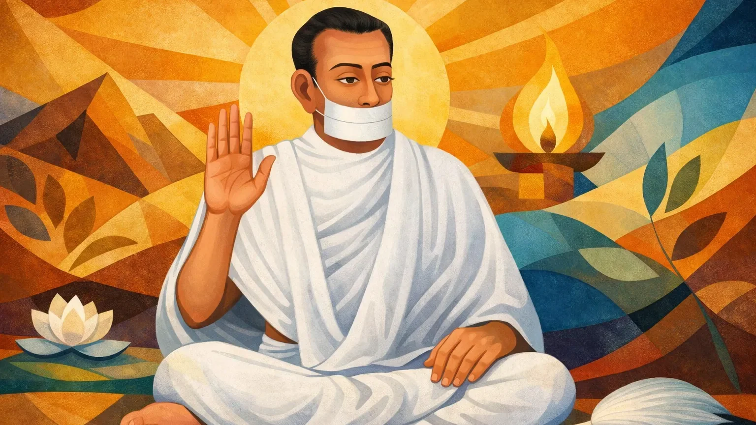 Acharya Bhikshu modern abstract Jain art wallpaper with white robe monk, muhpatti, lotus and warm