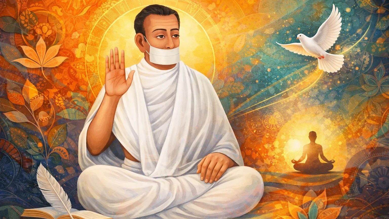 Acharya Bhikshu modern abstract Jain Turi art wallpaper with muhpatti monk in white robe