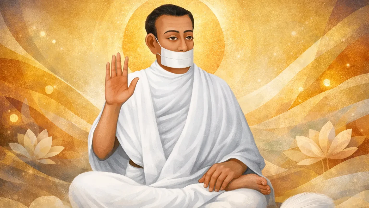 Modern abstract Jain Peeth art wallpaper of Terapanth Acharya Bhikshu sitting in meditation with raised blessing hand, wearing white Jain monk robes and muhapatti