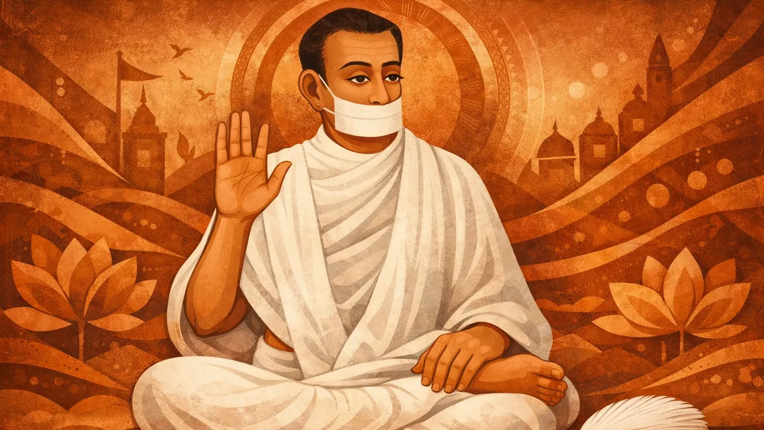 Modern abstract Kaavi style Jain art wallpaper of Terapanth Acharya Bhikshu seated in meditation with raised blessing hand, wearing white monk robes and muhapatti