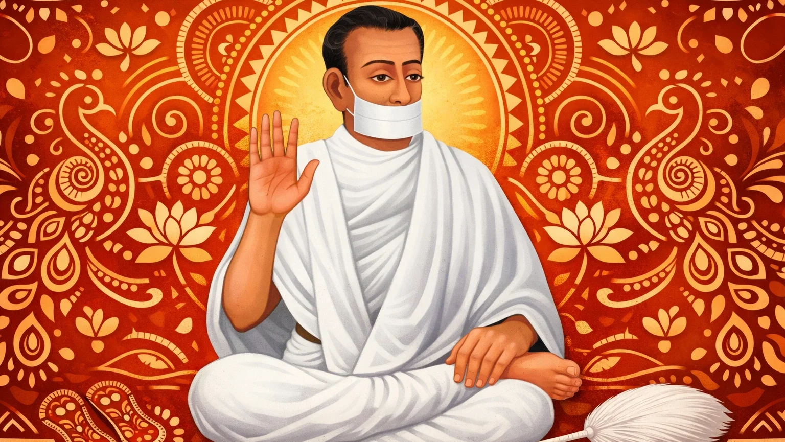 Jain Terapanth Acharya Bhikshu modern Aipan art illustration sitting in meditation with muhpatti and raised blessing hand