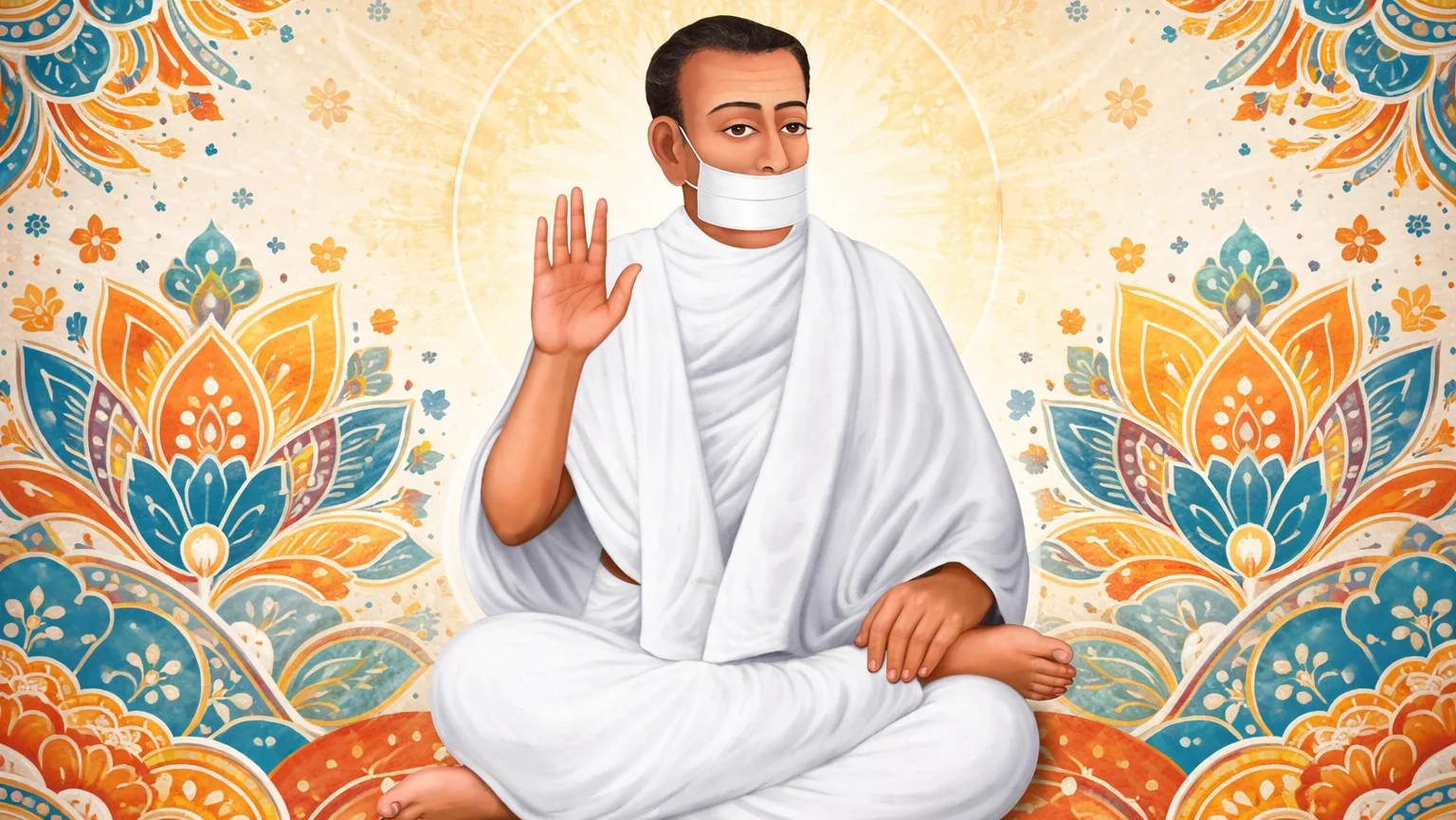 Modern abstract Jain Mandana art wallpaper of Acharya Bhikshu sitting in meditative pose with raised hand, centered composition, white robes and mouth covering, vibrant symmetrical background