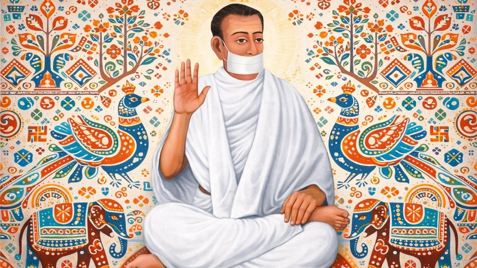 Modern abstract Rathwa style Jain art wallpaper of Acharya Bhikshu seated in meditation with raised hand, centered composition, white robes and mouth covering, vibrant tribal patterns