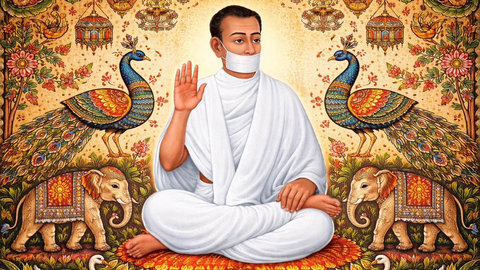 Modern abstract Pinguli style Jain art wallpaper of Acharya Bhikshu seated in meditation with raised hand, centered composition, white robes and mouth covering, detailed folk patterns with peacock and elephant motifs