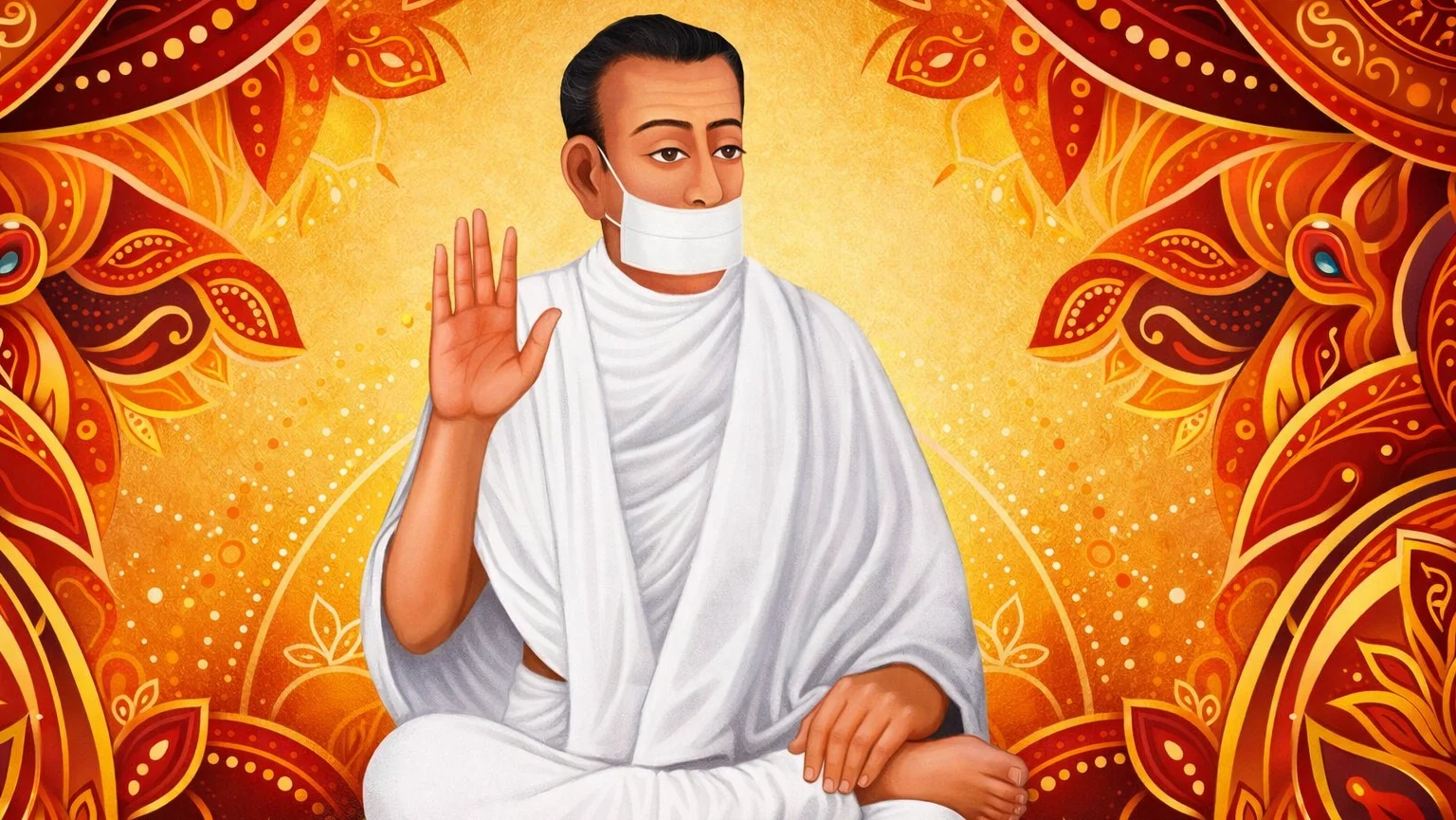 Modern abstract Jain Aipan art wallpaper of Acharya Bhikshu in white robes with muhpatti, seated in lotus pose with raised blessing hand on vibrant decorative background (16:9)