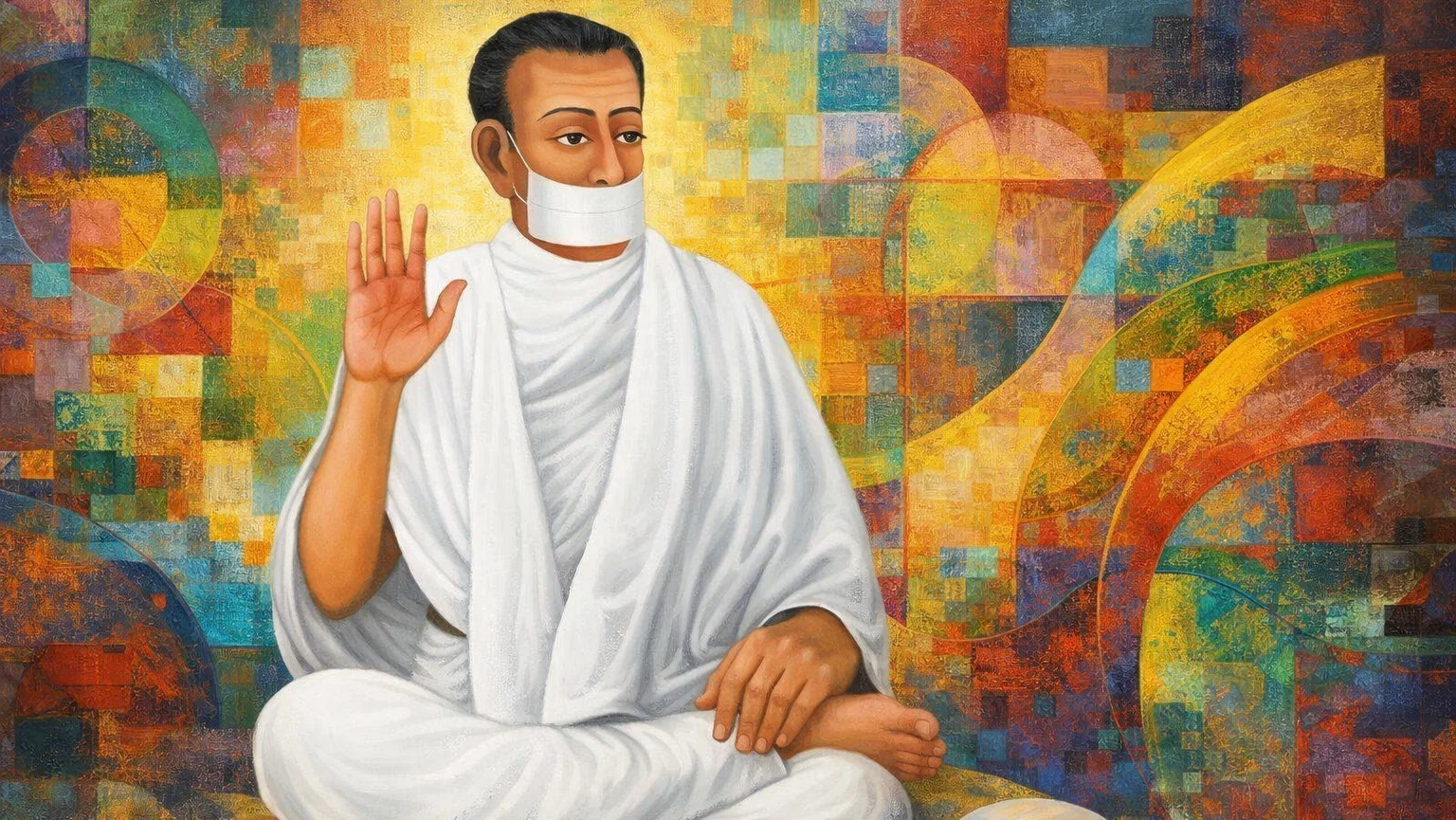 Modern abstract Thapa art wallpaper of Jain Terapanth Acharya Bhikshu in white robes, minimal spiritual portrait