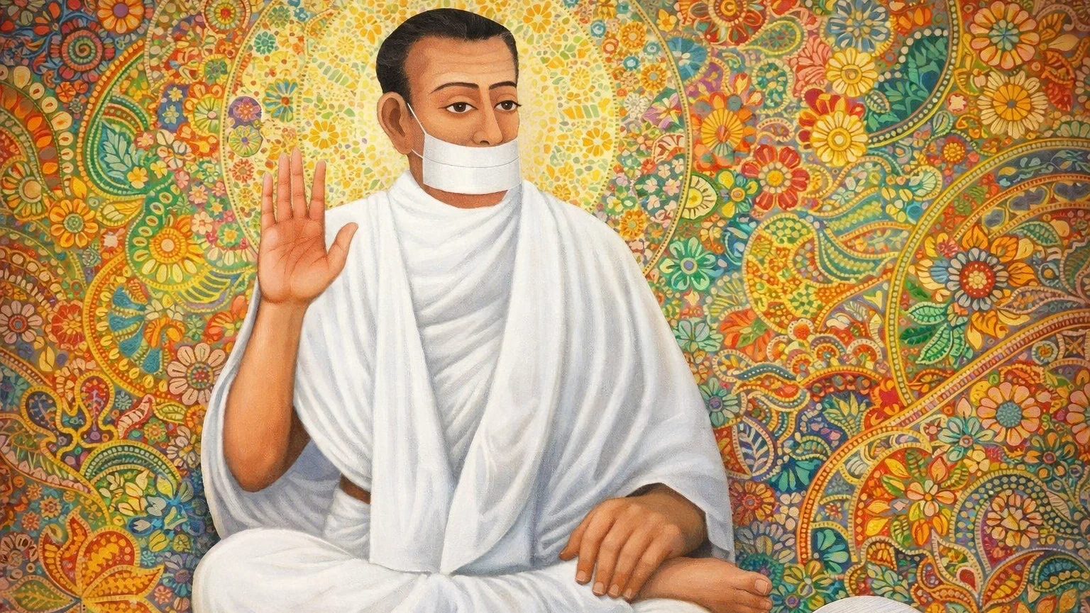 Modern abstract Kantha art wallpaper of Jain Terapanth Acharya Bhikshu in white robes with intricate floral patterns, minimal spiritual portrait