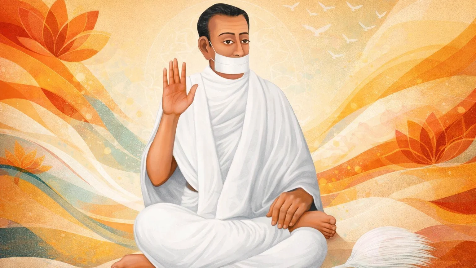 Modern abstract Jain art wallpaper of Acharya Bhikshu in white robes with muhpatti, seated in meditative posture on a soft abstract background