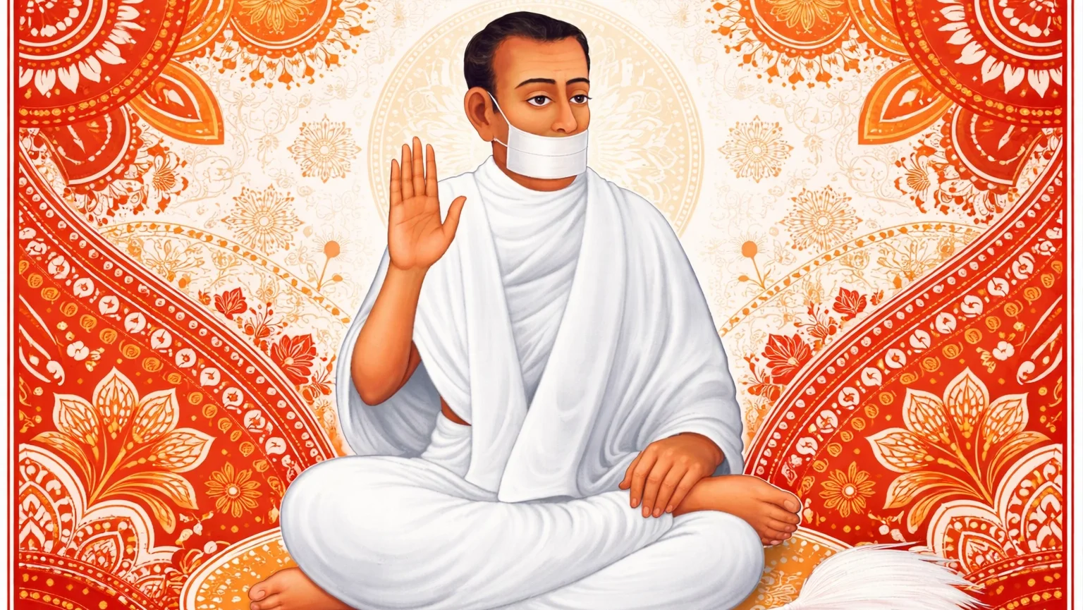 Modern abstract Jain Aipan art wallpaper of Acharya Bhikshu in white robes with muhpatti, seated in blessing posture with intricate red and white traditional patterns