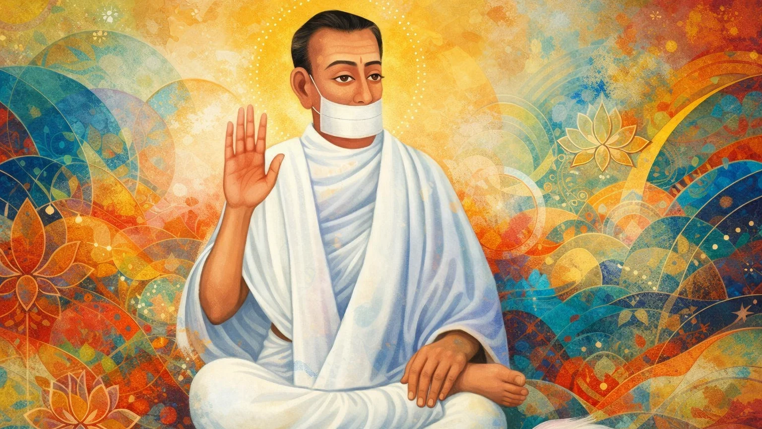 Modern abstract Basohli style wallpaper of Jain Terapanth Acharya Bhikshu in white robes seated in meditation with raised blessing hand on colorful textured background