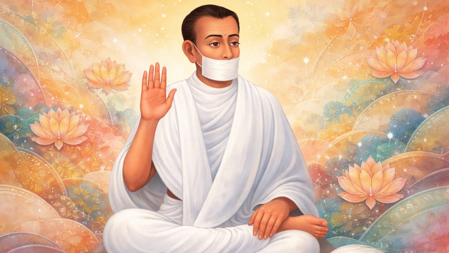 Modern abstract Calico art wallpaper of Jain Terapanth Acharya Bhikshu in white robes seated in meditation with raised blessing hand on soft pastel floral background