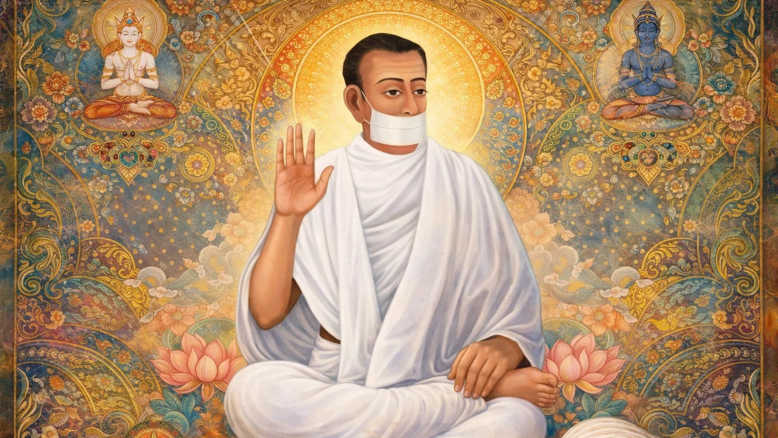 Modern abstract Jain Thangka art wallpaper of Jain Terapanth Acharya Bhikshu in white robes seated in meditation with raised blessing hand on detailed ornamental background