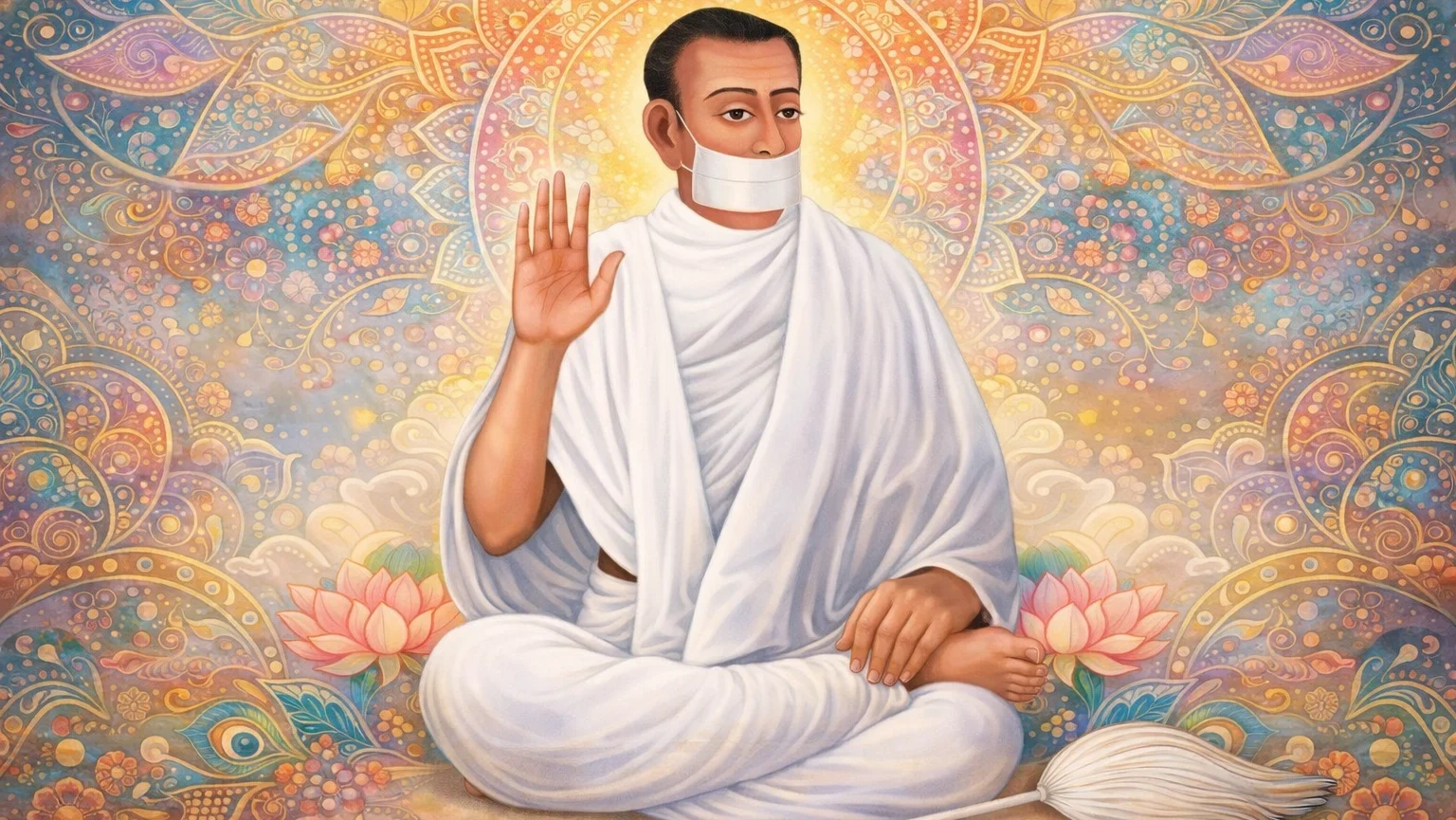 Modern abstract Jain Kolam art wallpaper of Jain Terapanth Acharya Bhikshu in white robes seated in meditation with raised blessing hand on intricate mandala pattern background