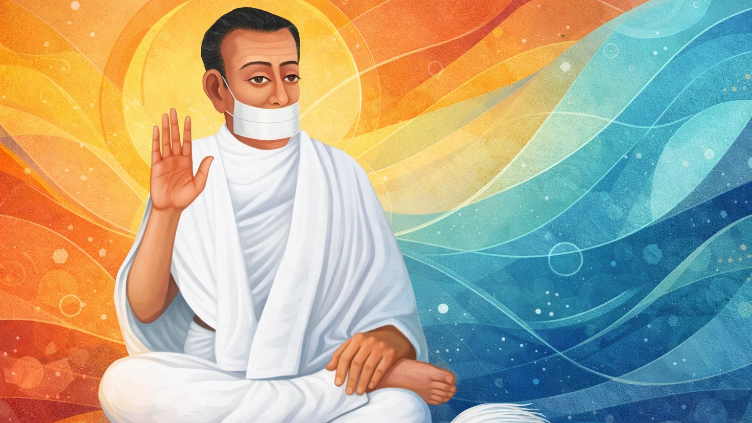 Modern abstract Jain art wallpaper of Acharya Bhikshu in white robe and muhpatti, seated in meditation with raised hand in abhaya mudra,