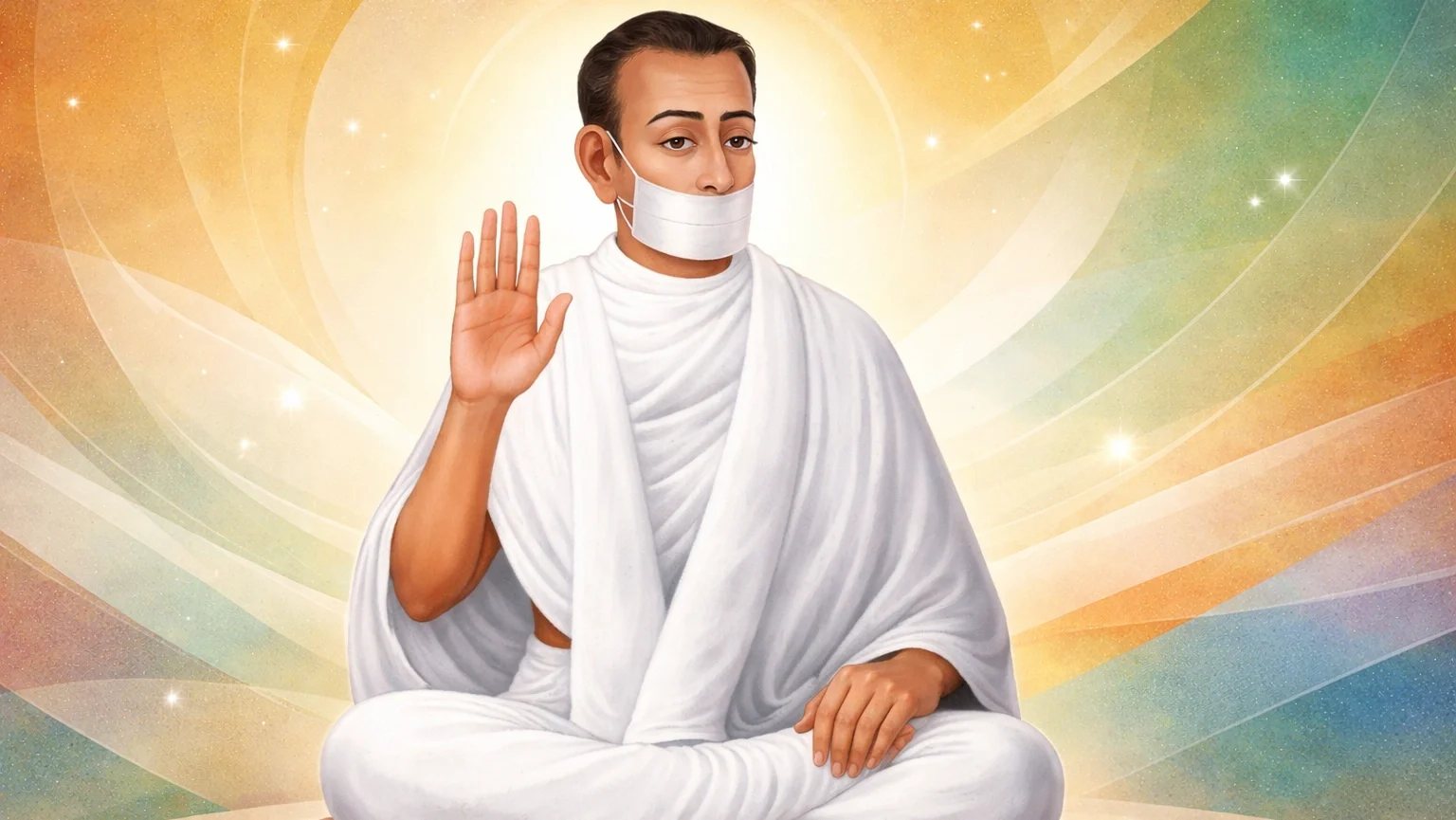 Modern abstract Jain art wallpaper of Acharya Bhikshu seated in meditation wearing white robe and muhpatti