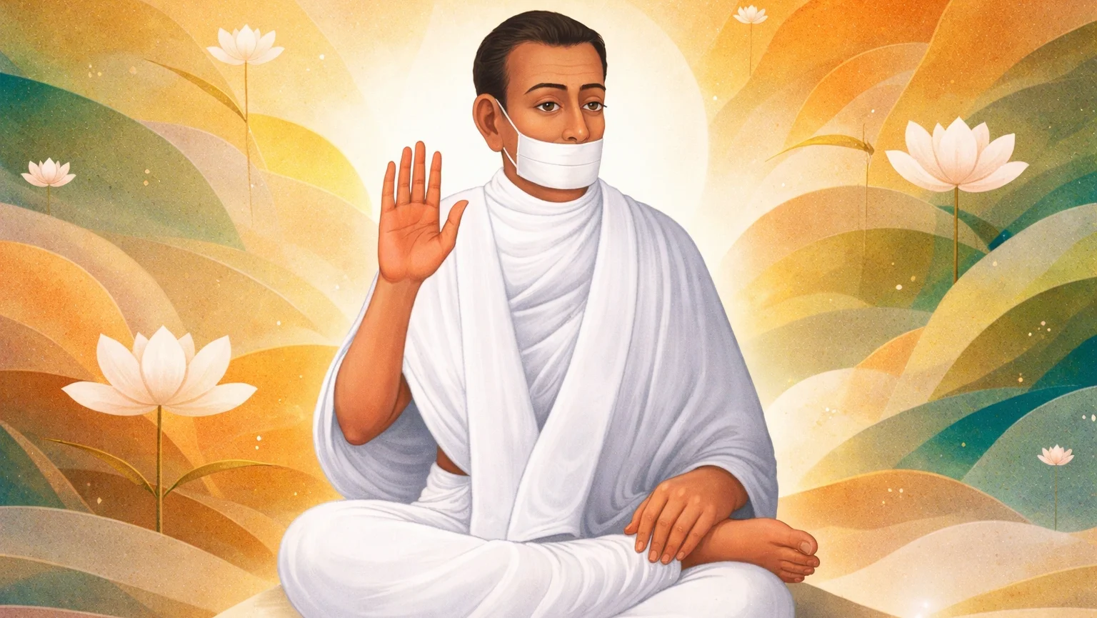 Modern abstract Jain Saura art wallpaper of Acharya Bhikshu seated in meditation with white robes and muhapatti, serene expression, and soft lotus-themed background (16:9)