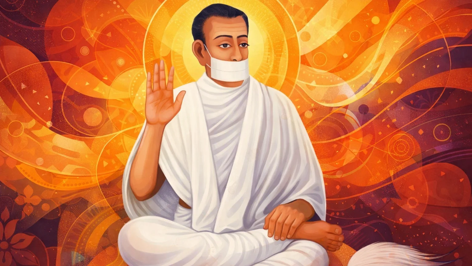 Modern abstract Jain art wallpaper of Acharya Bhikshu in white attire with muhpatti, seated in meditation with raised hand gesture
