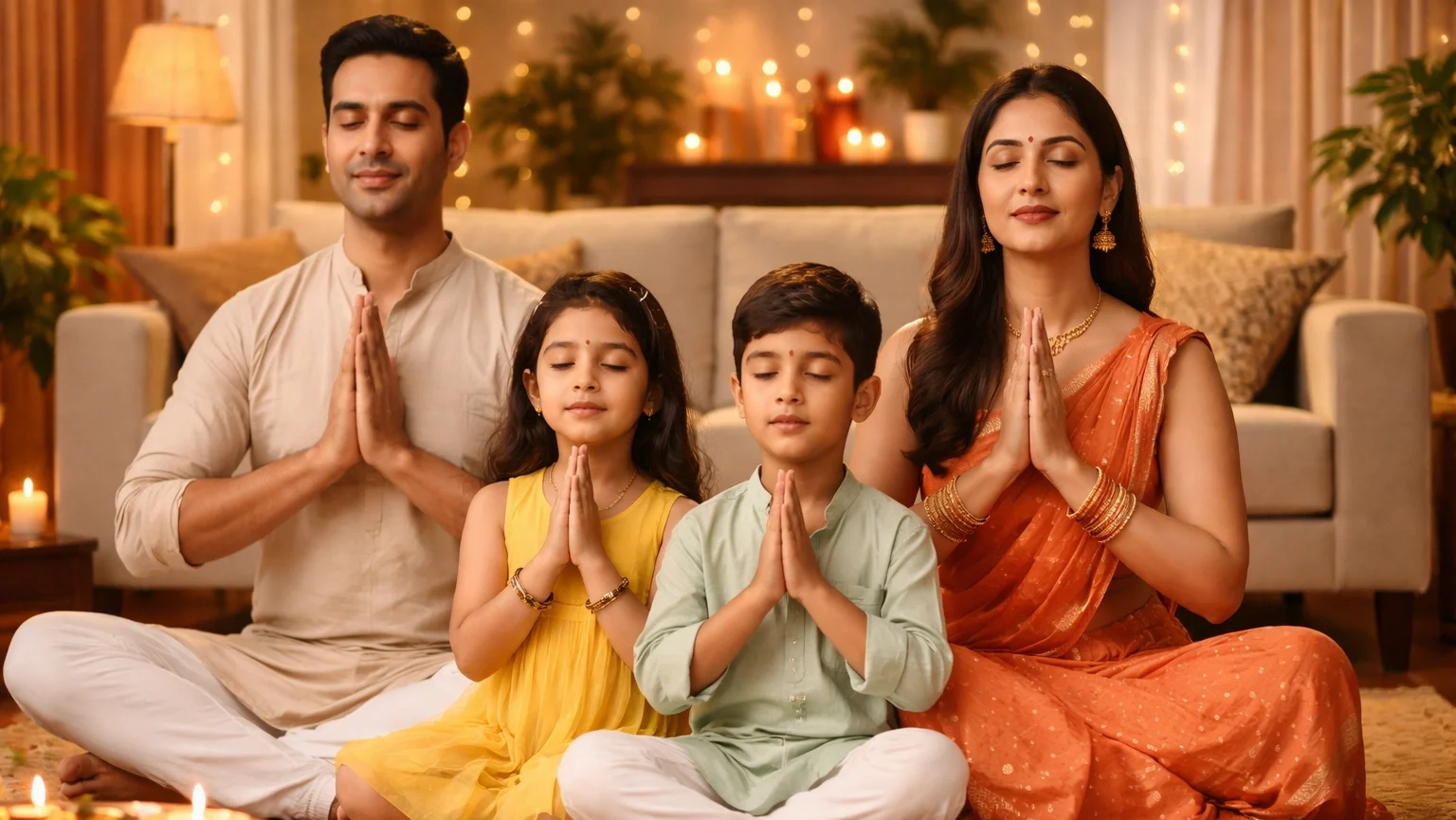 Happy Indian family sitting together in a cozy home, peacefully chanting mantra with folded hands and warm lighting ambiance